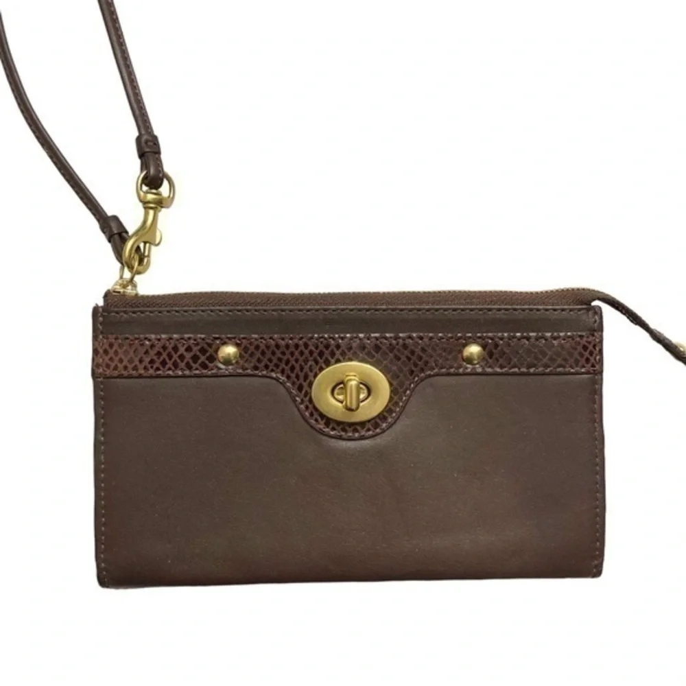 Coach brown leather wristlet clutch bag
